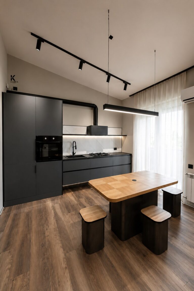 Dark kitchen with dining table